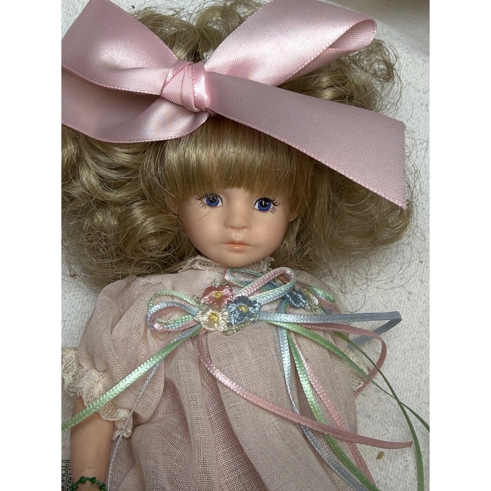 Robin Woods Inc Porcelain Doll Blonde Pigtails Pink Dress Large Bow